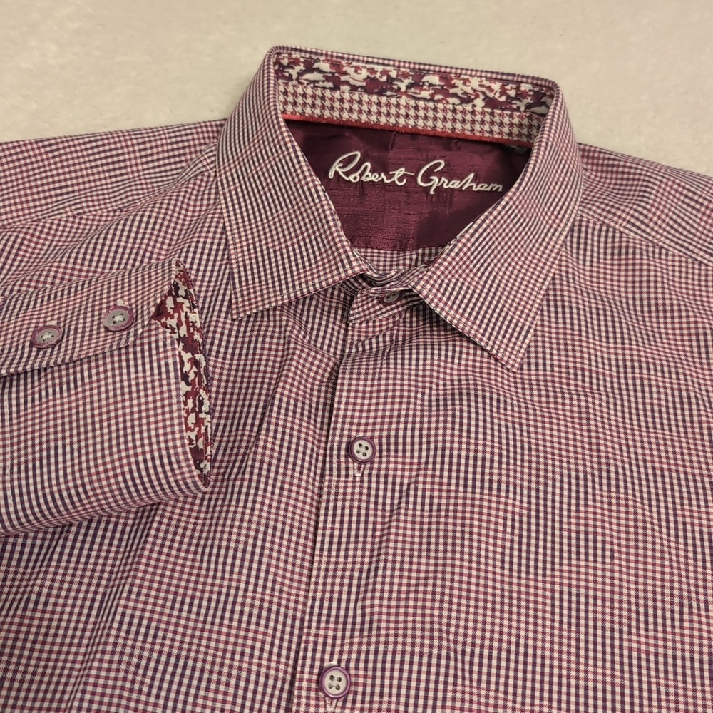 Robert Graham Shirt Men's XL Pink Blue Stretchy Check Flip Cuff Jacquard Camo